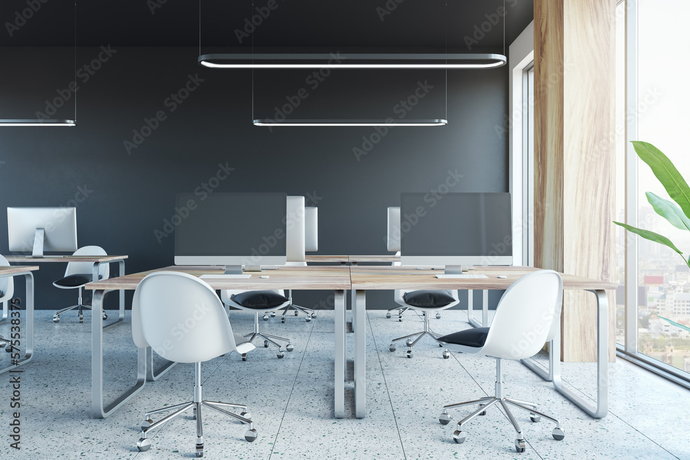 Coworking office room interior with furniture, equipment and window with city view. 3D Rendering.