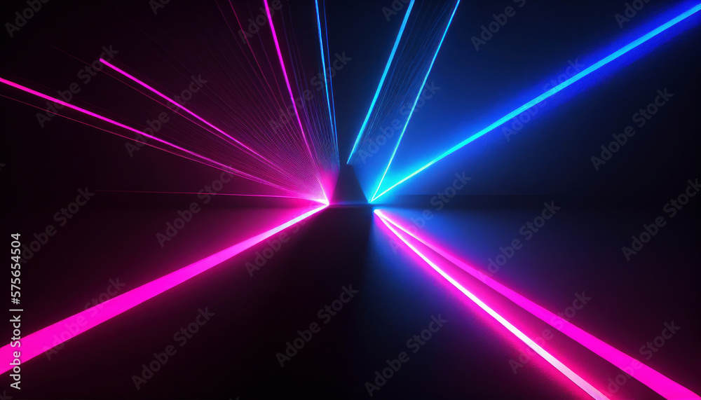 Colorful laser light glow in the dark room. 3D Illustration.