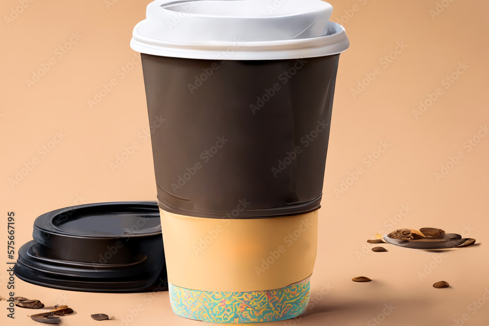 Close up take-out coffee with brown cap and cup holder. Isolated on white background. Illustration. 