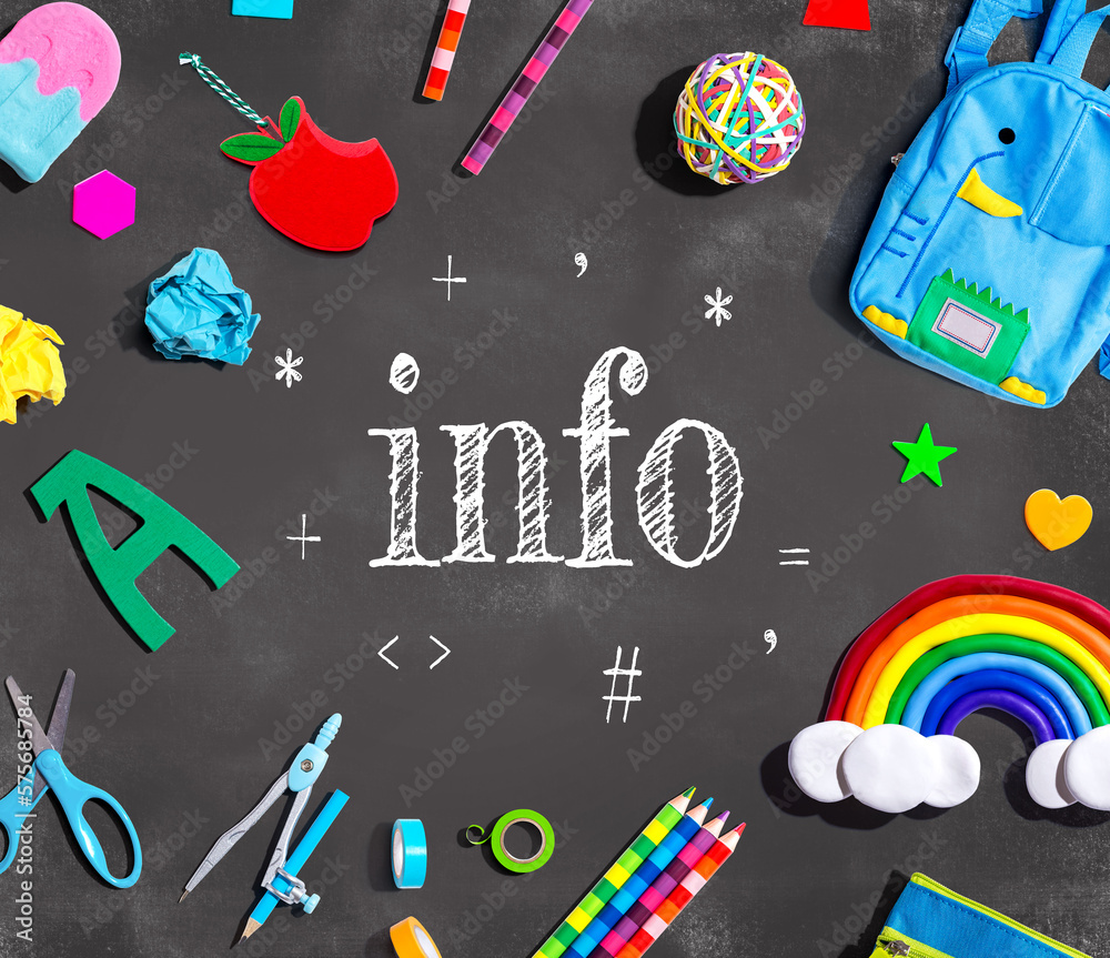 Information theme with school supplies on a chalkboard - flat lay