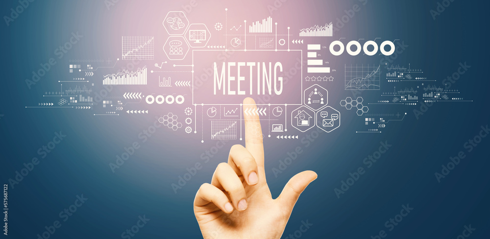 Meeting theme with hand pressing a button on a technology screen