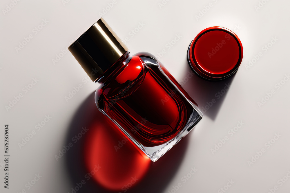 top view of a bottle of red nail polish varnish flows. Illustration AI Generative