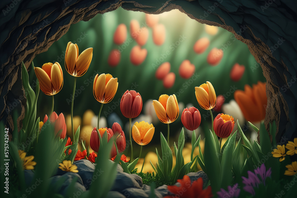 Green field with blooming tulips. Illustration AI Generative