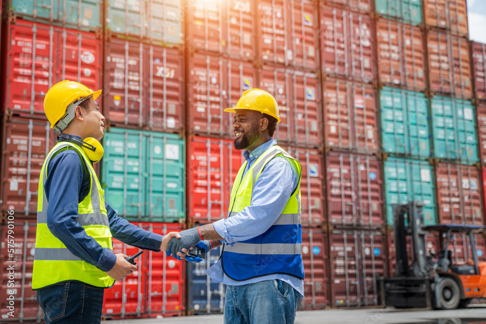 Engineering with worker team stack hands after checking or inspect many containers in stockyard,Succ