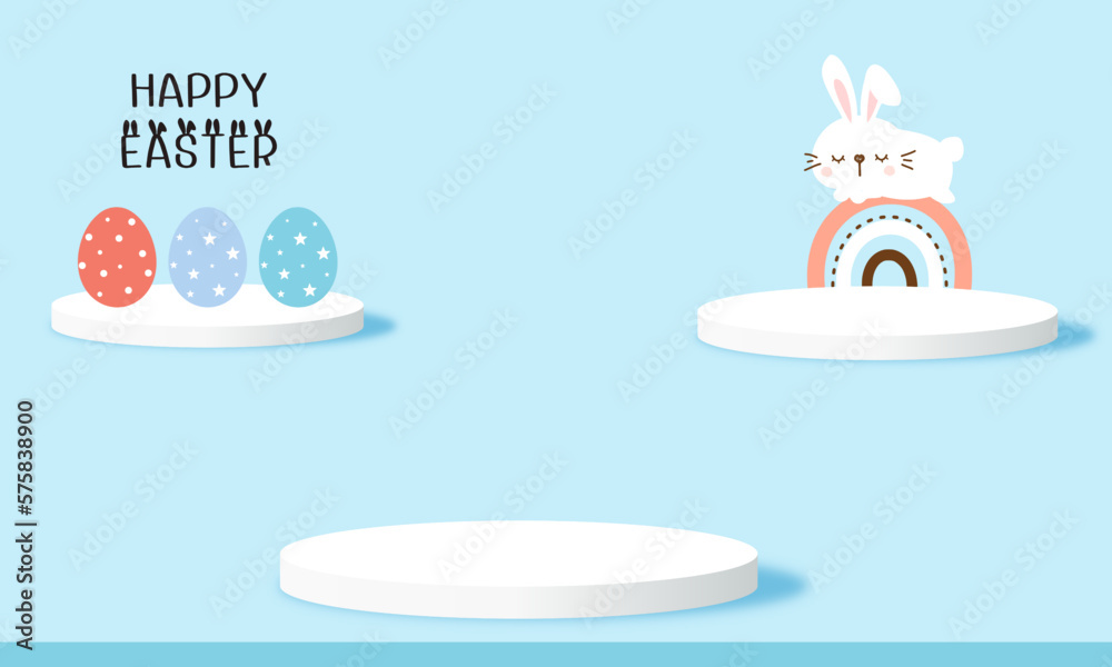 Happy Easter with bunny rabbit cartoon, rainbow, hand written fonts, eggs and white podium display 3