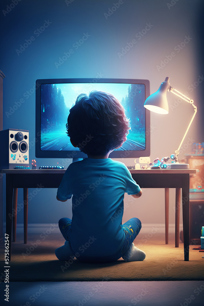 Kid playing video games in his room. Back view of a child sitting in front of a monitor. Colorful bl