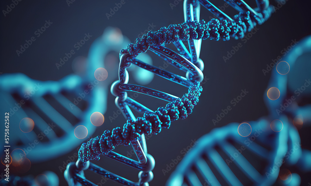 Concept of the evolution of human DNA in the distant future. View under the microscope. Blue helix b