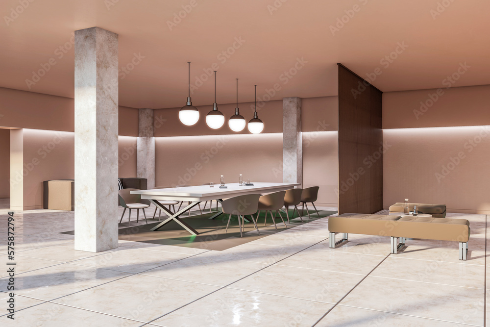 Bright stylish living room interior with furniture. Contemporary designs and hotel concept. 3D Rende