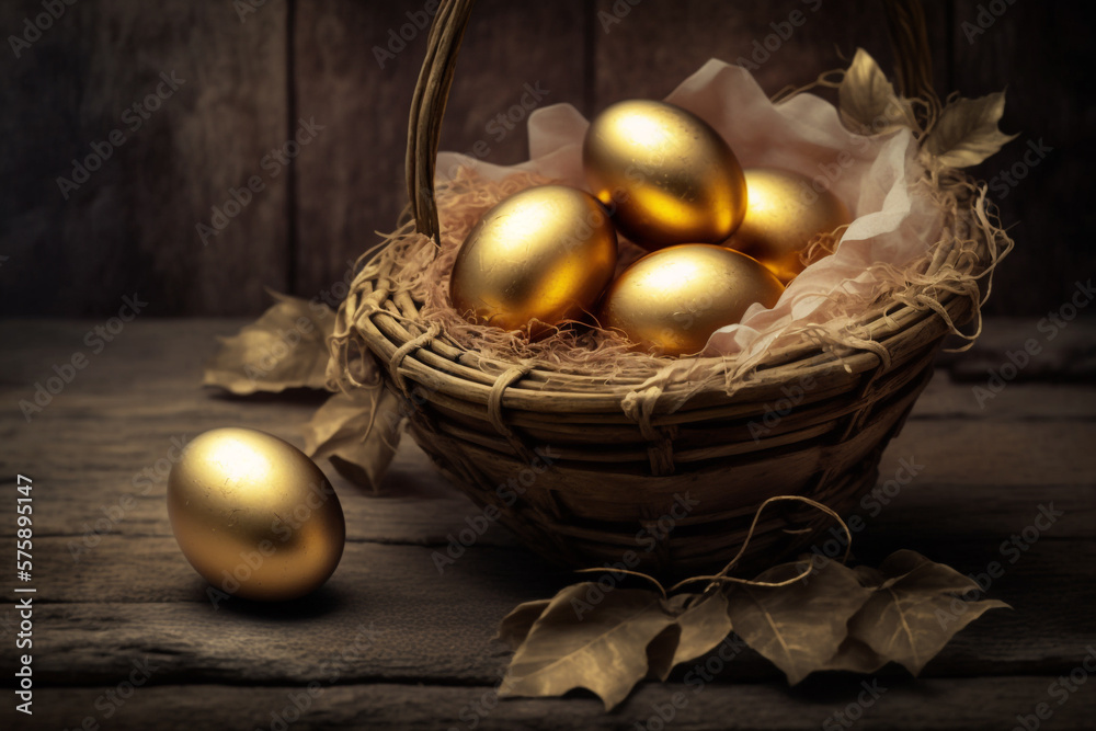 Golden easter eggs in basket, generative ai