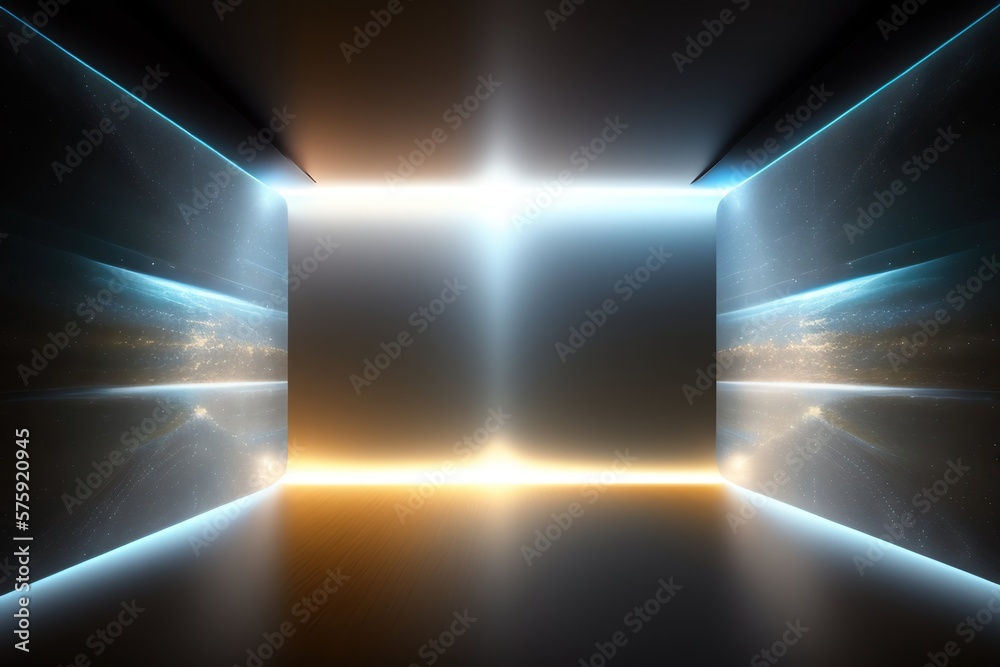 Metal glowing tunnel with neon light and perspective, abstract tech futuristic background. AI genera