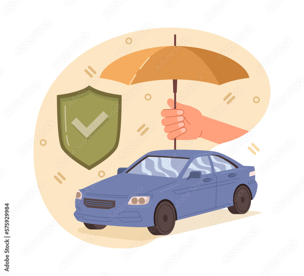 Insurance policy and coverage for vehicle. Isolated car protected by umbrella, shield guarantee or s