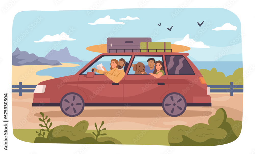 Family or friends traveling on car, people with baggage and dog pet riding on road. Summer vacation 