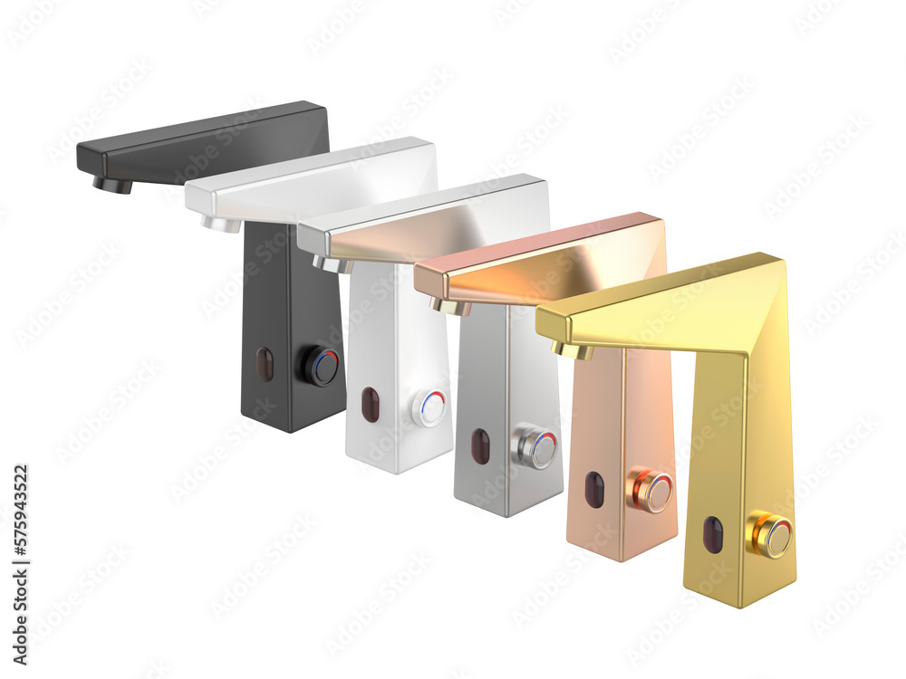 Five bathroom automatic sensor faucets with different colors and materials on transparent background