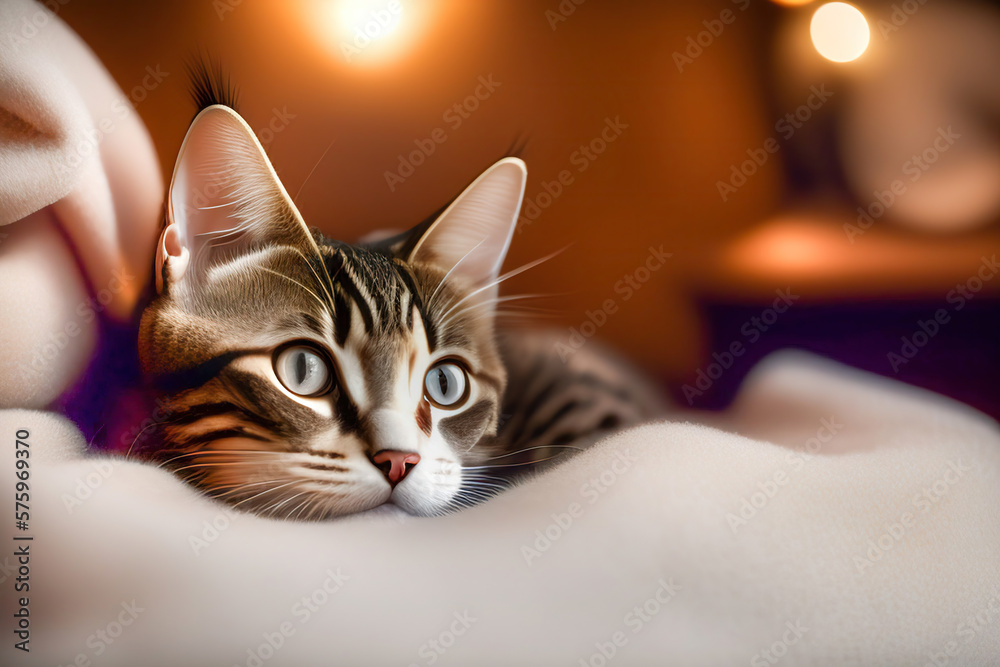 A cute young tabby cat lies on fluffy blanket and looks carefully. AI generated.