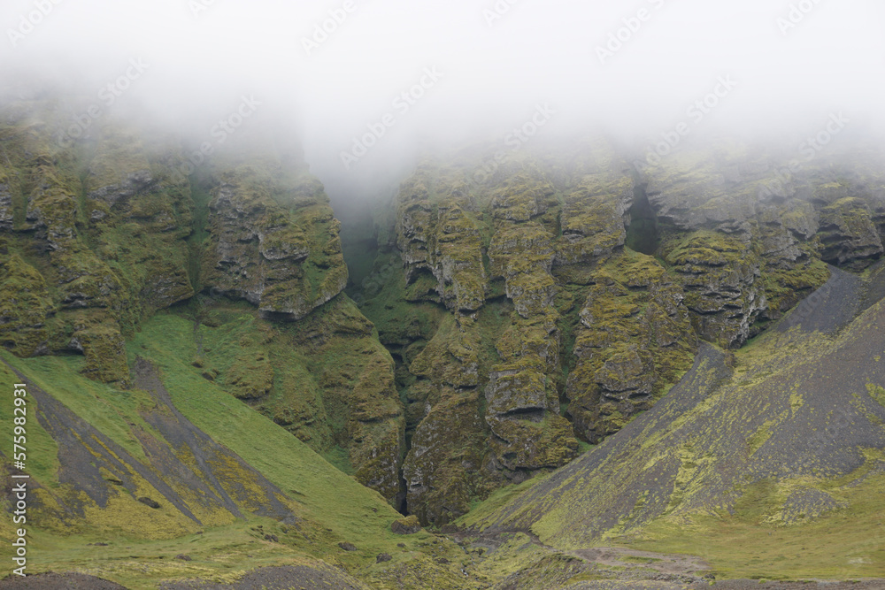 Rocks and fog at Raudfeldsgja Gorge on Snaefellsnes Peninsula in Iceland