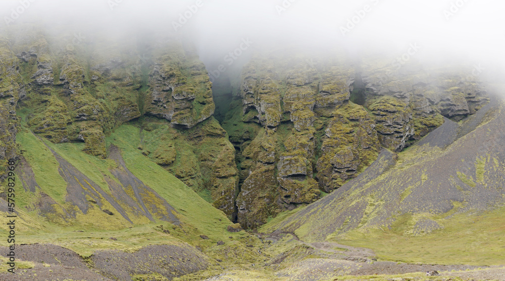 Rocks and fog at Raudfeldsgja Gorge on Snaefellsnes Peninsula in Iceland