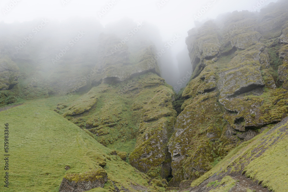 Rocks and fog at Raudfeldsgja Gorge on Snaefellsnes Peninsula in Iceland