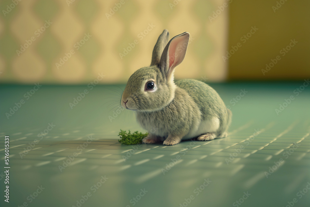 Cute little rabbit sitting on uniform floor background. Generative AI