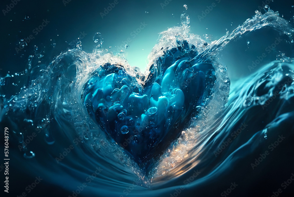 Heart-shaped water stream with bubbles, drops, splashes. Valentines day concept. Generative AI