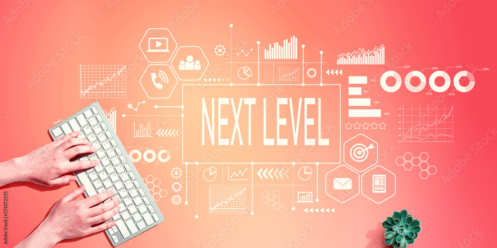 Next level concept with person using a computer keyboard