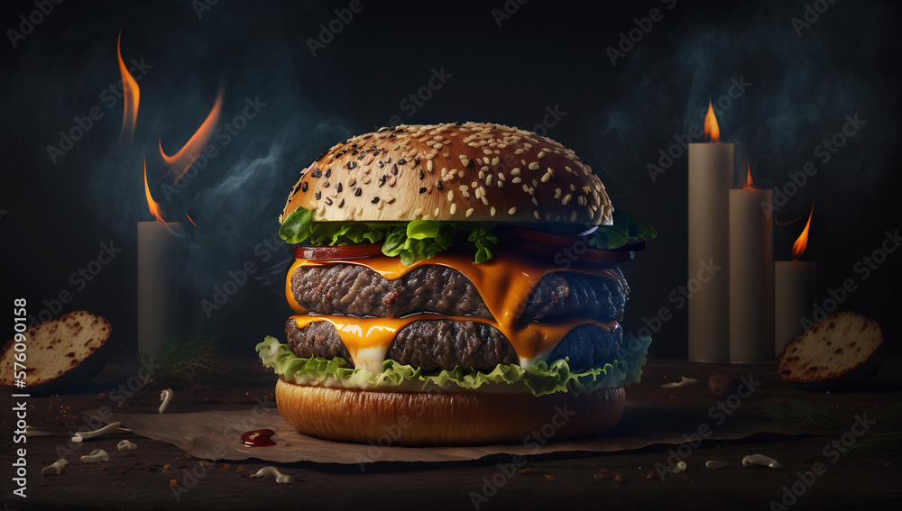 Super delicious hamburger with fresh vegetables on dark background. Generative AI