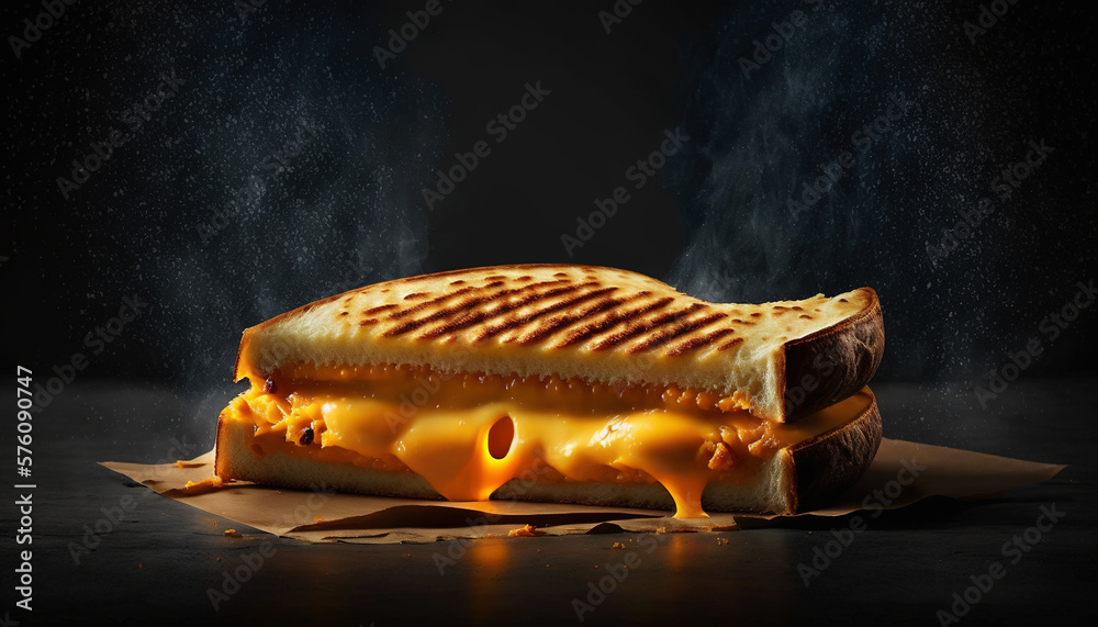 Super delicious grilled cheese sandwich on dark background. Generative AI