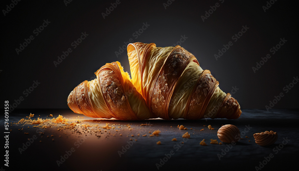 Super delicious freshly baked croissant on dark backdrop. Generative AI