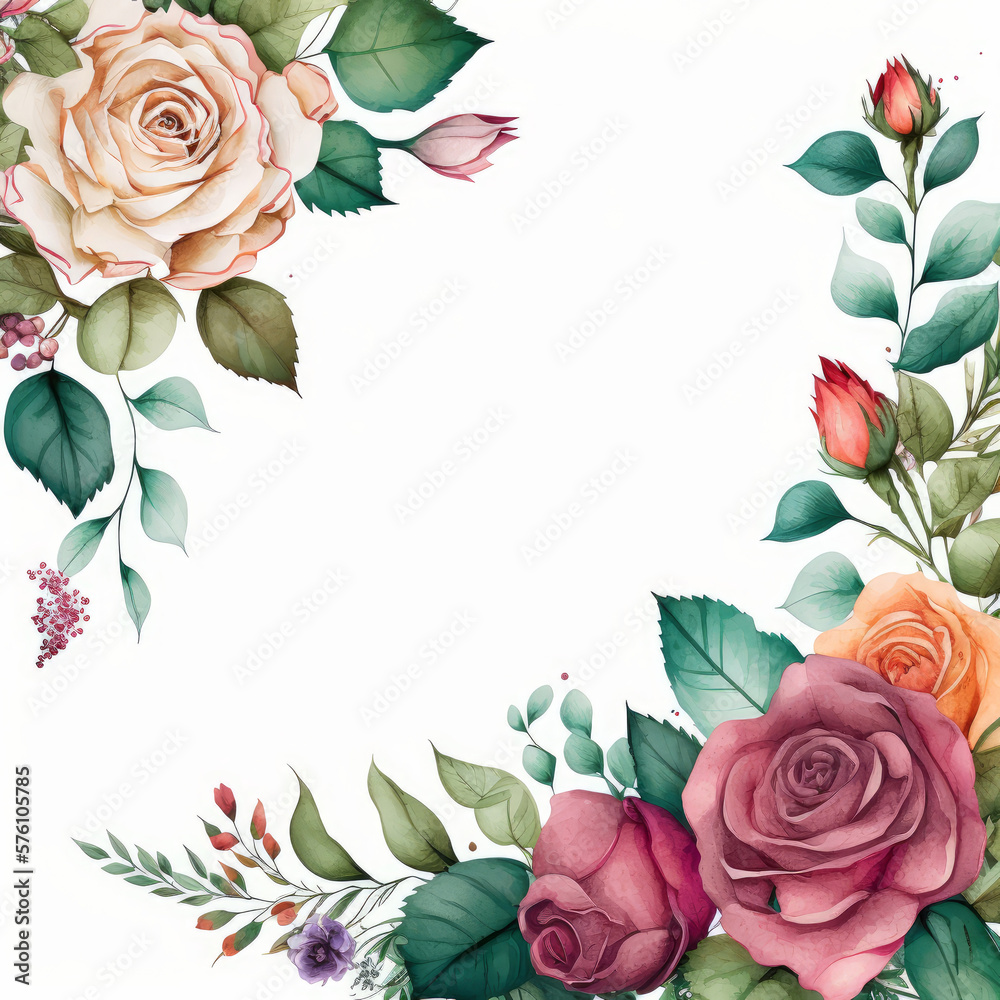 Floral watercolor border background with Roses on pure background. Illustration AI Generative