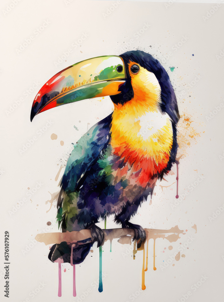 Cute Watercolor Toucan Bird. Illustration AI Generative