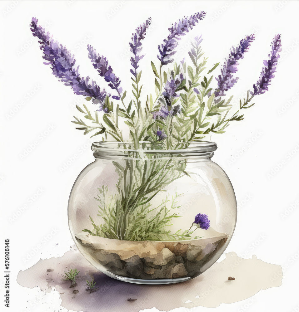 Lavender Flower in Pot Watercolor Background. Illustration AI Generative