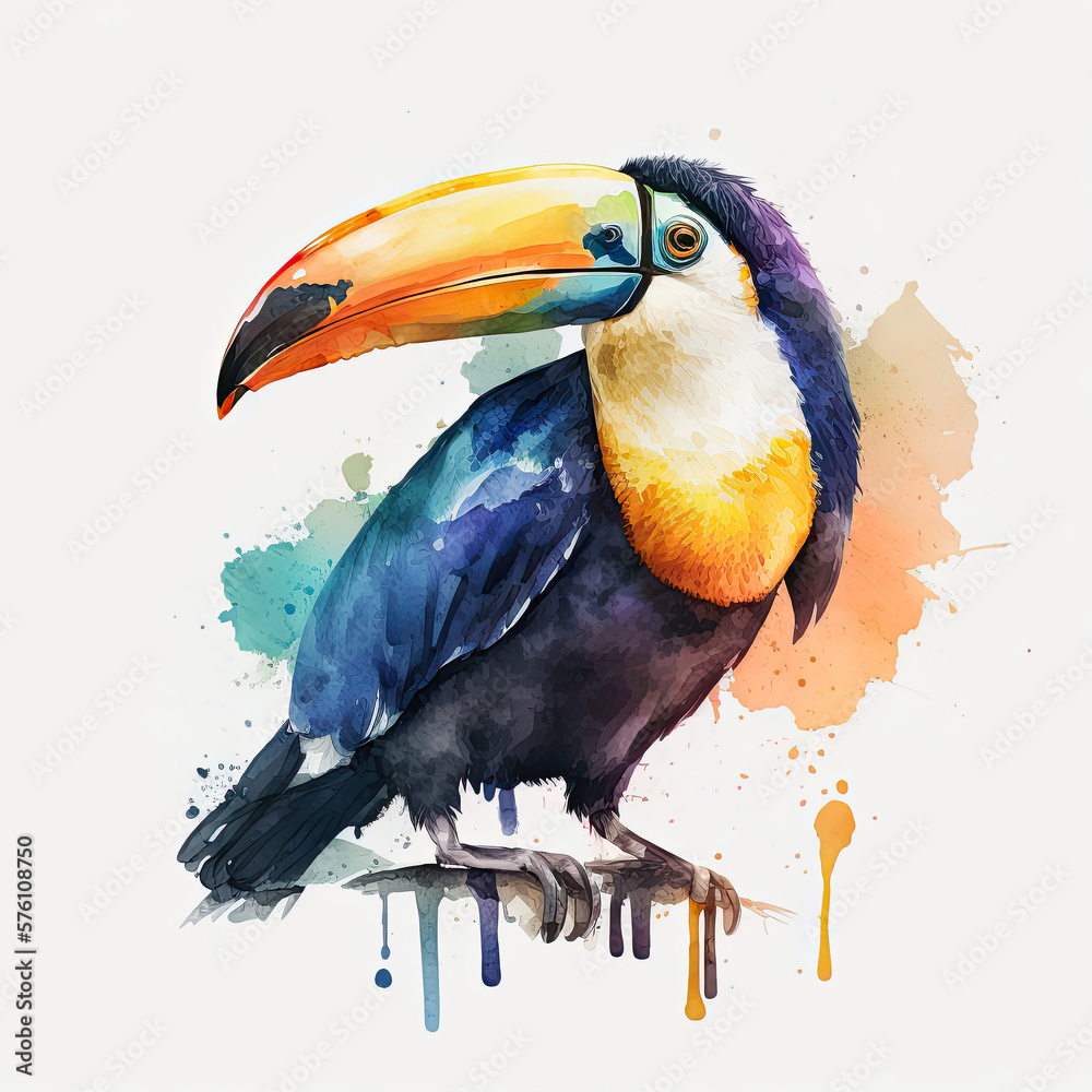 Cute Watercolor Toucan Bird. Illustration AI Generative