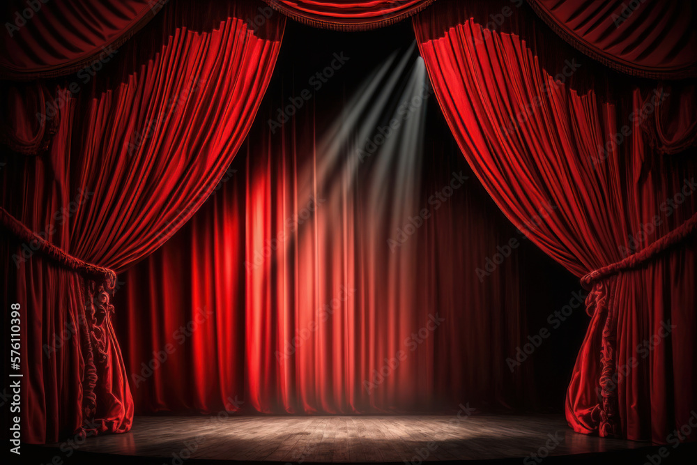 Magic theater stage red curtains Show Spotlight. Illustration AI Generative