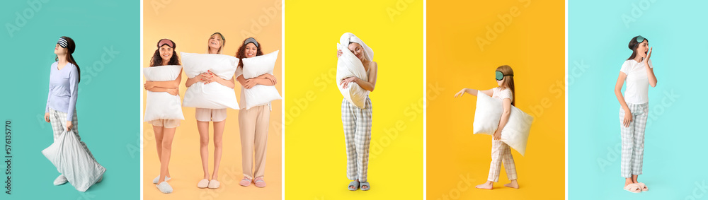 Collage of young women and girl in pajamas, with sleep masks and pillows on color background