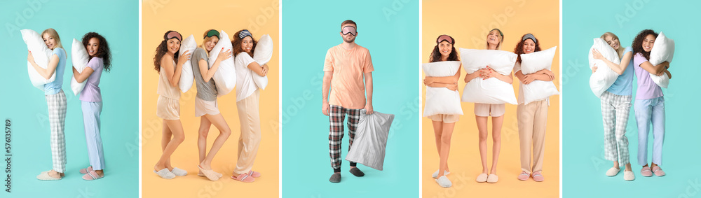 Collage of young people in pajamas, with sleep masks and pillows on color background