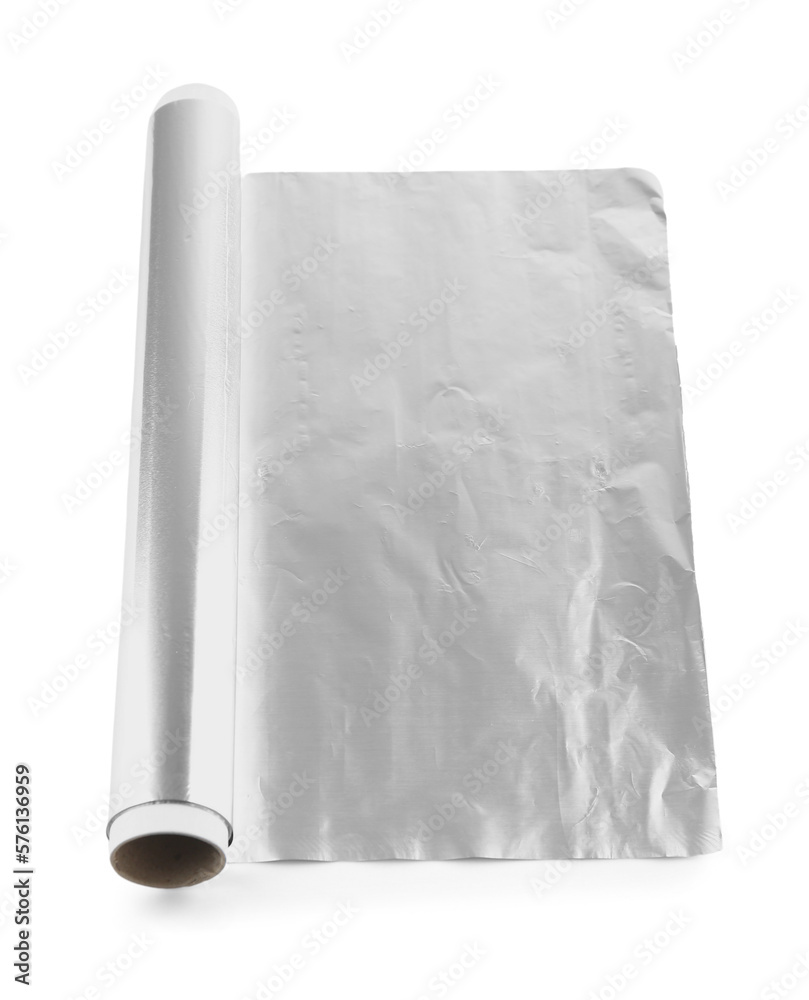 Roll of aluminium foil on white background