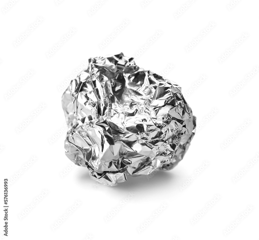 Crumpled ball of aluminium foil on white background