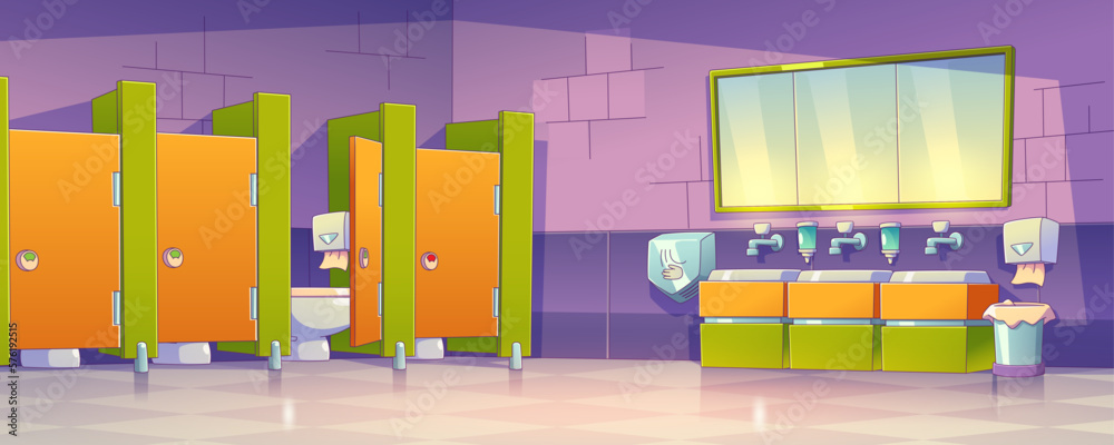 Public toilet, restroom in school, mall or office. Empty washroom interior with mirror, tile walls, 