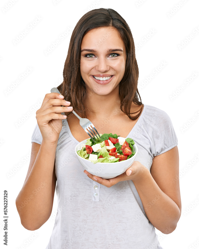 Beautiful excited diet-conscious female model eating healthy, nutritious salad as a healthy food lif