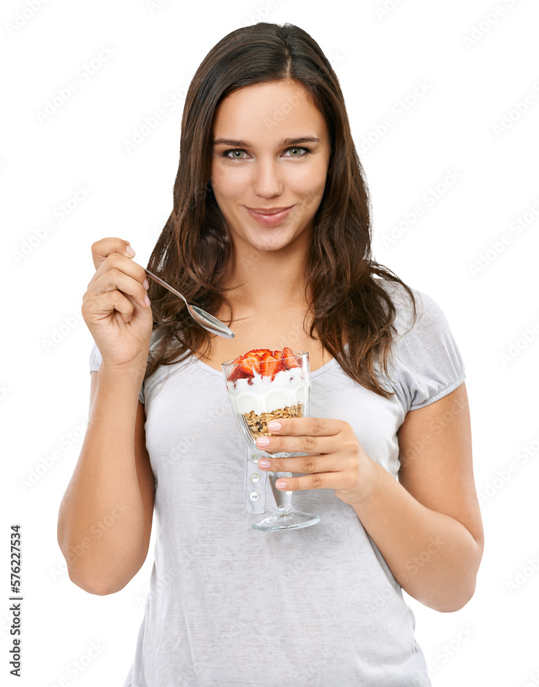 Beautiful fit female eating muesli for her breakfast and enjoying the healthy snack while dieting fo