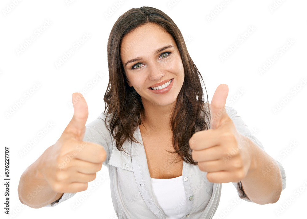 A beautiful happy woman model giving a thumbs up, yes, thank you and success hands sign with motivat