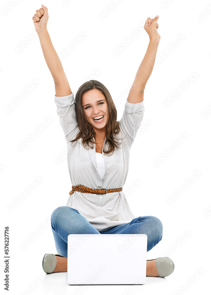 A cheerful young girl model excited after winning an online rummy, poker, or a game on a computer la