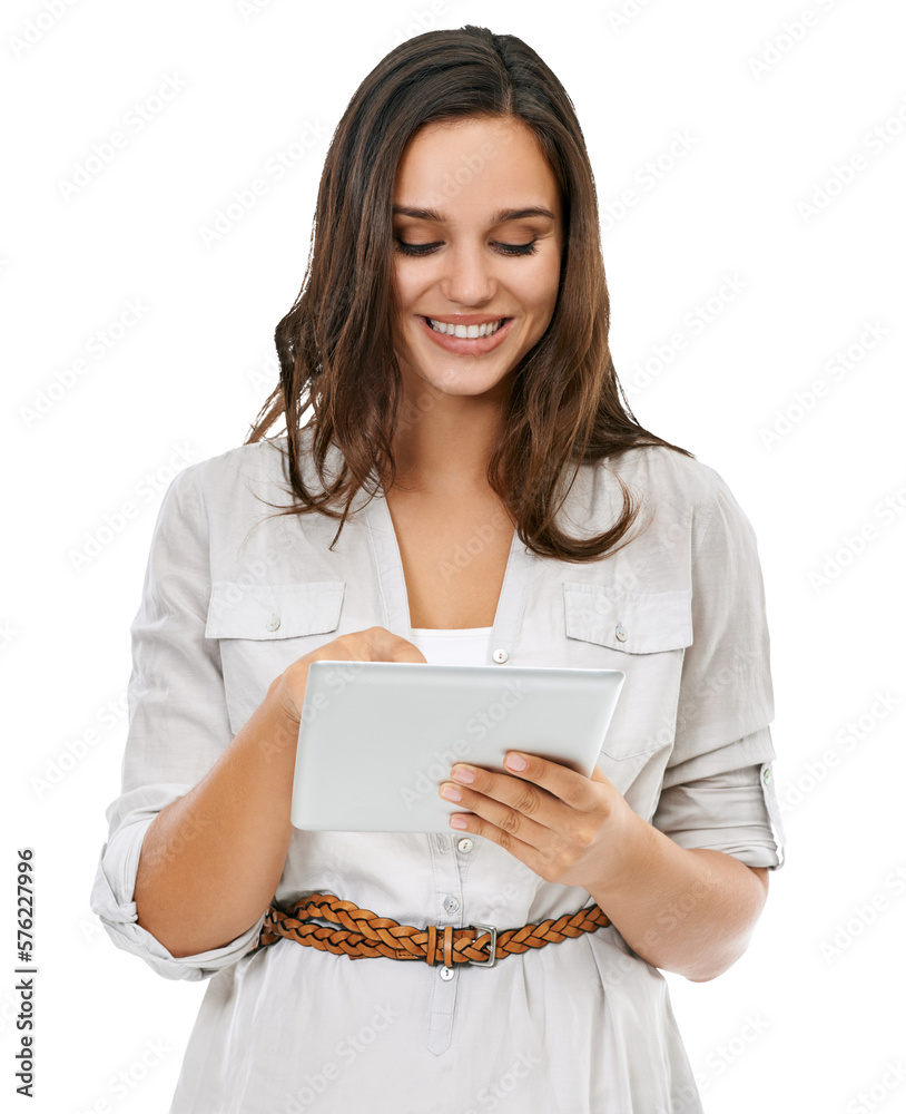 A happy caucasian woman model or a secretary smiling and writing on a tablet, online communication a