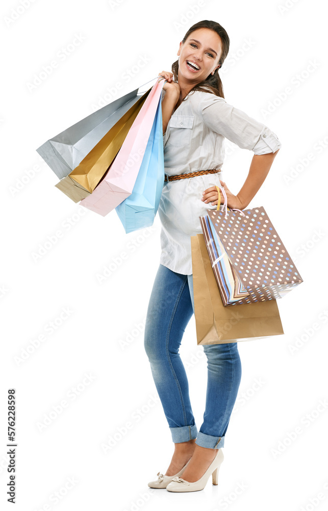 An excited shopaholic female or woman customer with designer carry bags and shopping at a retail or 