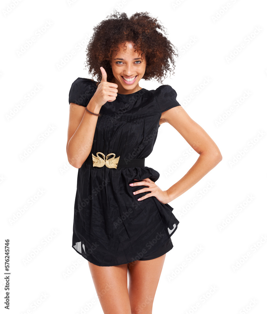 A happy black woman or a modern afro female model with a gesture of Thumbs up for congratulations, a