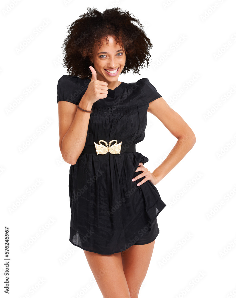 A black woman or afro beauty model with thumbs up hand gesture for review, good luck motivation, or 