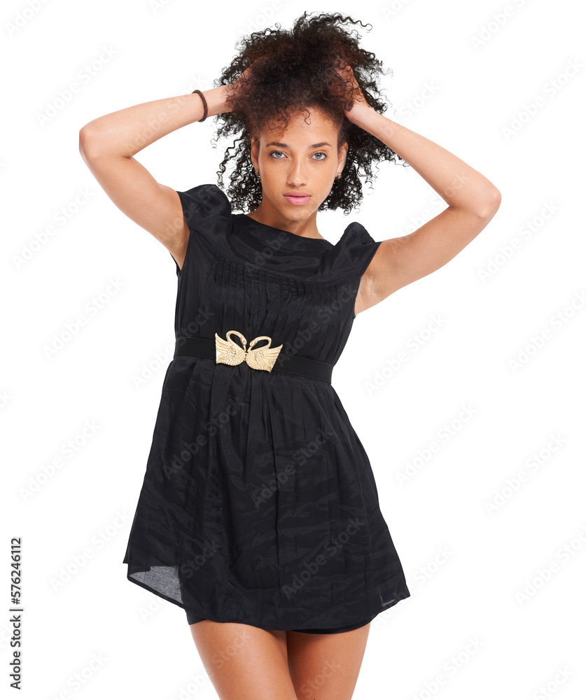 A beautiful young Nigerian fashion or beauty model posing or endorsing funky casual or luxury, edgy,