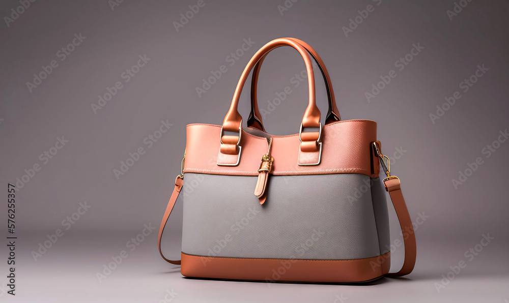 Beautiful trendy smooth youth womens handbag in brown and grey color on a gray studio background. A