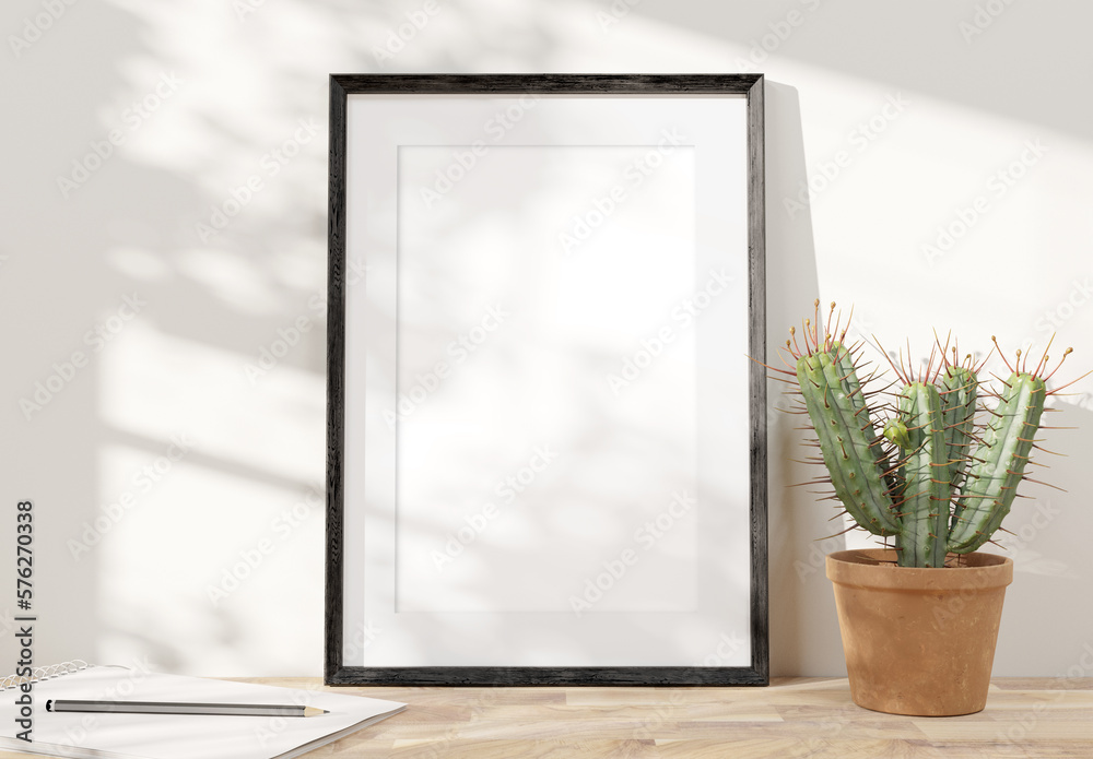 Black frame leaning on white shelve in bright interior with plants mockup 3D rendering