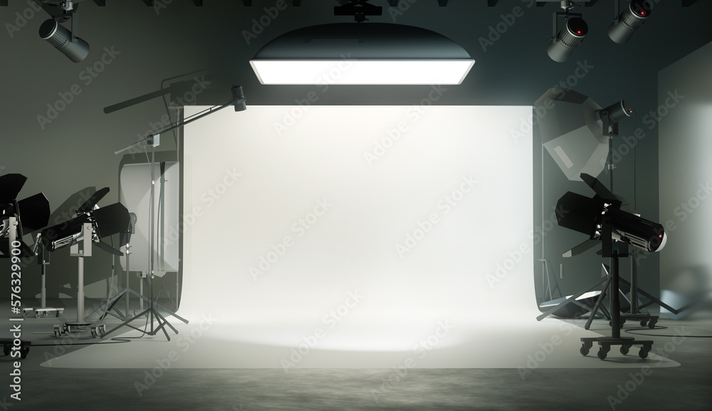 A photo studio room with a white plain backdrop and various lighting equipment. 3D illustration.