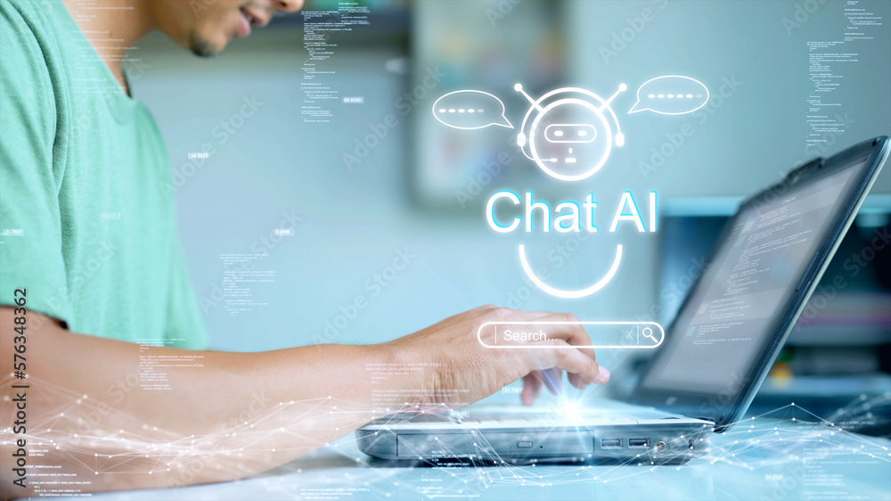 The concept of a person using a computer to connect to Chat AI technology to help process the requir